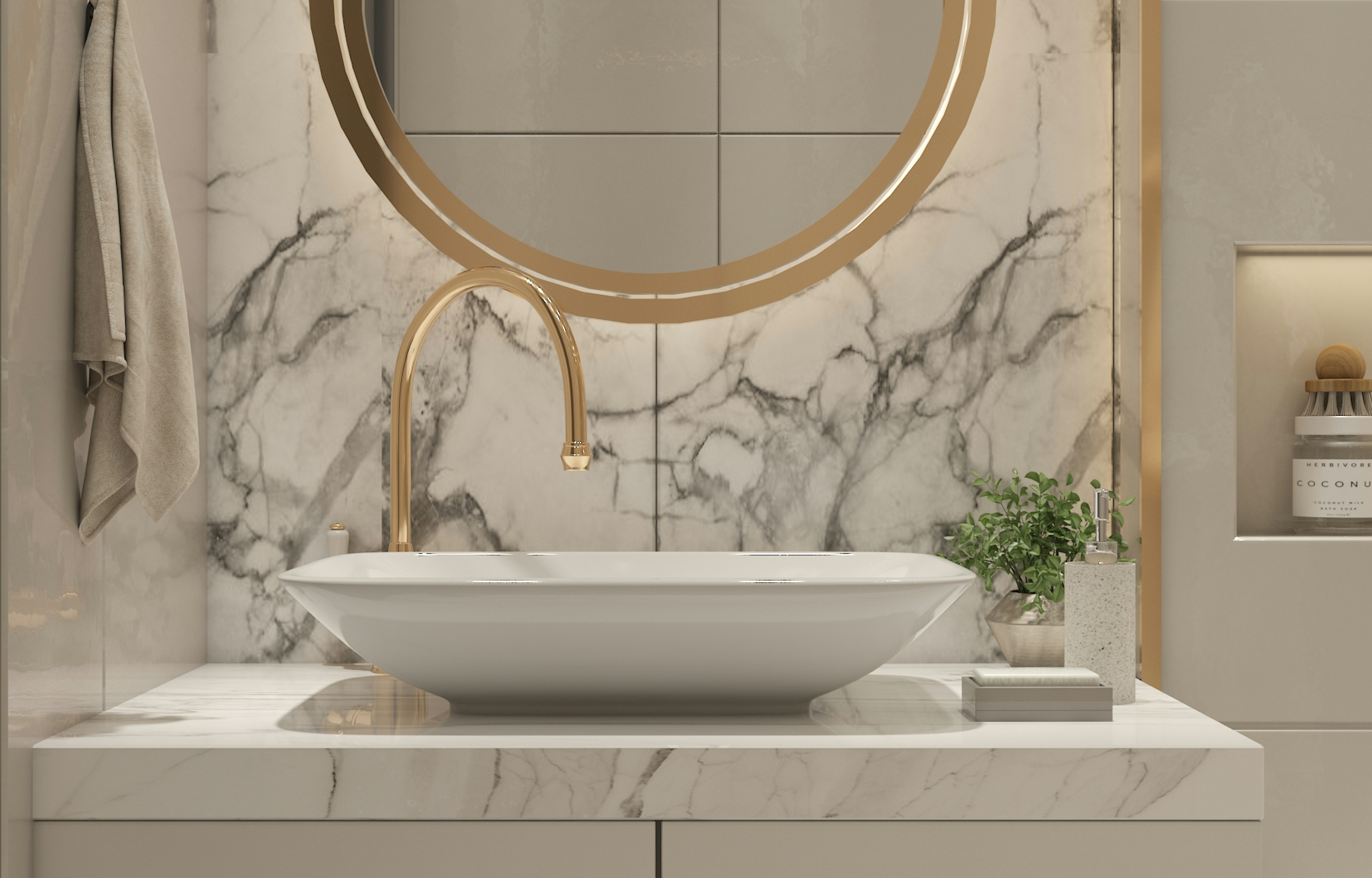 Marble-effect basin with a brass tap and round mirror